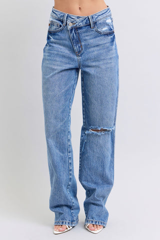 Judy Blue Reg/Plus Criss Cross High Waist Dad Jeans