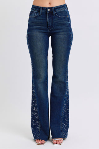 Judy Blue Mid Rise Rhinestone Detail Dark Flare Jeans