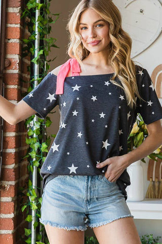 Heimish Star Print Top With Hot Pink Shoulder Bow