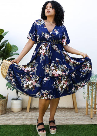 Plus Size V Neck Floral Print Flowy Navy Maxi Dress