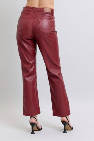 Judy Blue Reg/Plus High Waist Tummy Control Red Vegan Leather Straight Leg Jeans