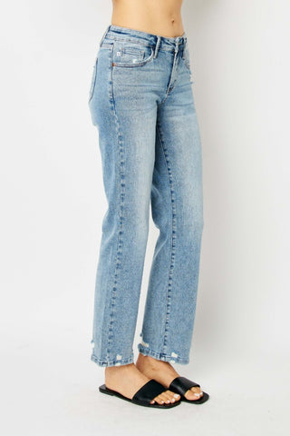 Judy Blue Mid Rise Medium Wash Destroy Straight Leg Jeans