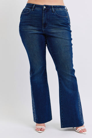 Judy Blue Mid Rise Rhinestone Detail Dark Flare Jeans