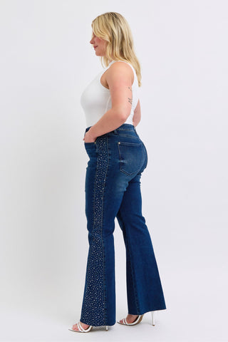 Judy Blue Mid Rise Rhinestone Detail Dark Flare Jeans