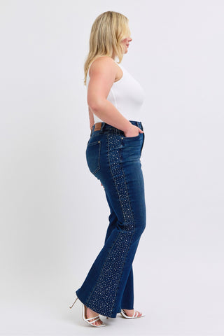 Judy Blue Mid Rise Rhinestone Detail Dark Flare Jeans