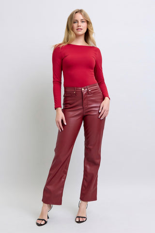 Judy Blue Reg/Plus High Waist Tummy Control Red Vegan Leather Straight Leg Jeans