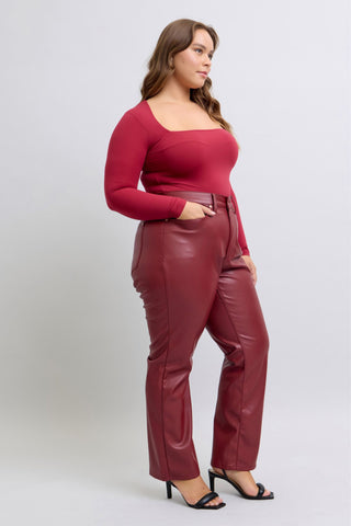 Judy Blue Reg/Plus High Waist Tummy Control Red Vegan Leather Straight Leg Jeans