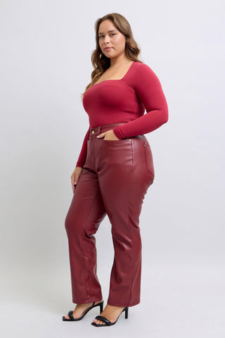 Judy Blue Reg/Plus High Waist Tummy Control Red Vegan Leather Straight Leg Jeans