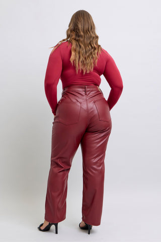 Judy Blue Reg/Plus High Waist Tummy Control Red Vegan Leather Straight Leg Jeans