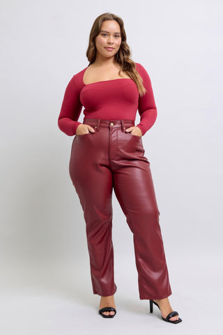 Judy Blue Reg/Plus High Waist Tummy Control Red Vegan Leather Straight Leg Jeans