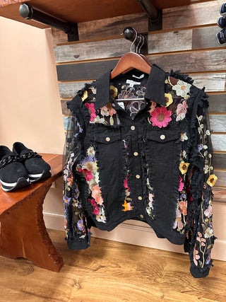 Black Denim Lace Jacket with Floral Embroidery