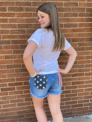 American Flag Pocket Print Denim Shorts