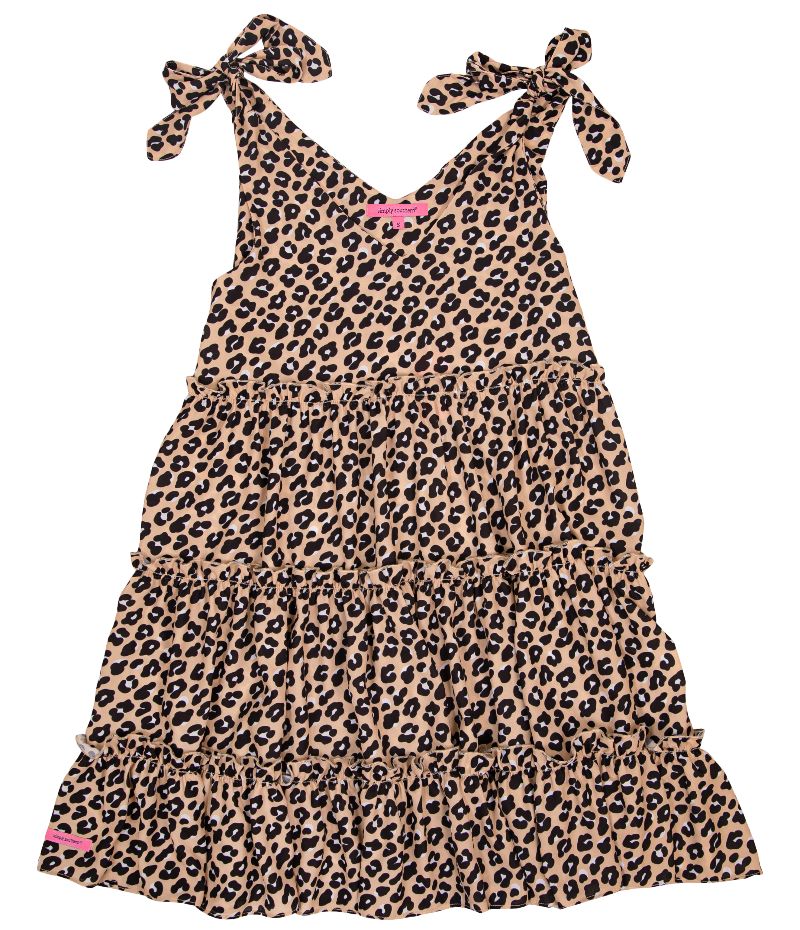 Leopard Gather Dress with Pink Bow and Tie Shoulder Straps