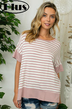 STRIPE AND SOLID JERSEY MIXED ROUND NECK SHORT SLEEVE HIGH LOW PLUS TOP