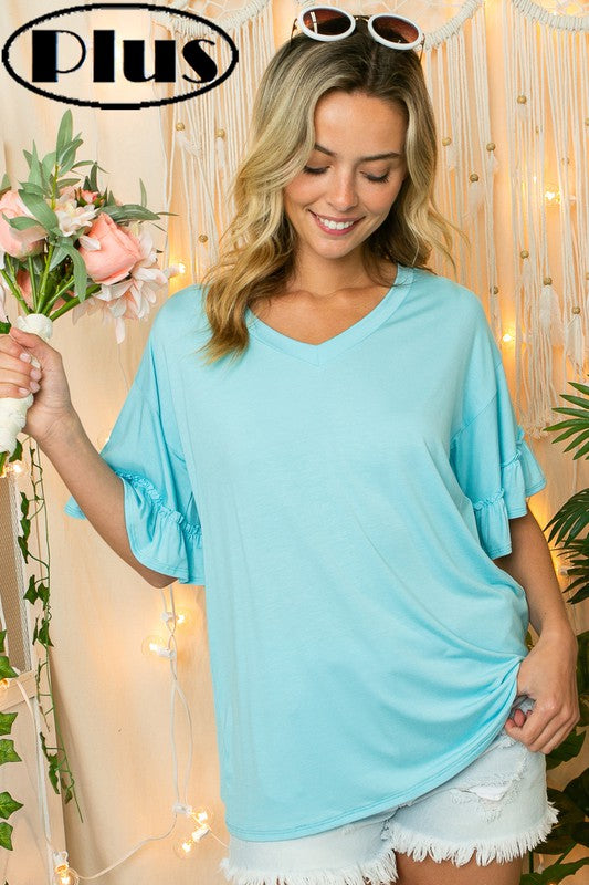 SOLID JERSEY V NECK RUFFLED SHORT SLEEVE PLUS TOP