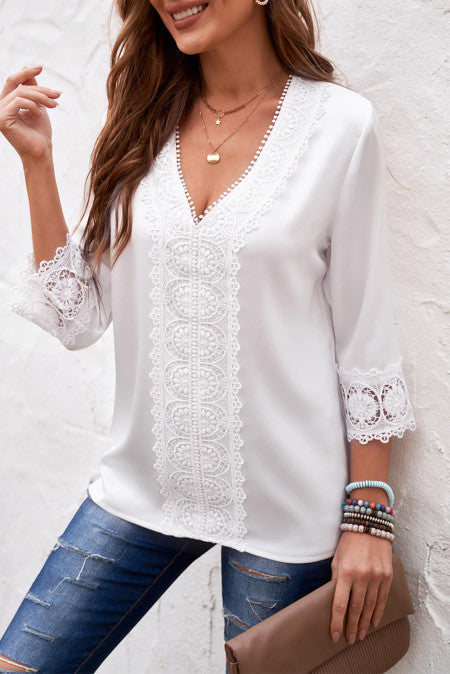 Soft and Silky 3/4 Sleeves Crochet Detail V Neck Blouse
