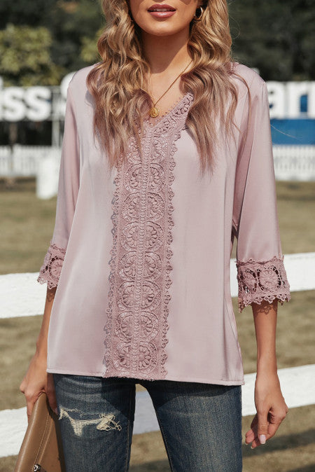 Soft and Silky 3/4 Sleeves Crochet Detail V Neck Blouse