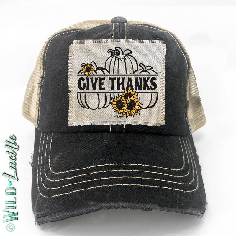 Give Thanks Pumpkins - Distressed Trucker Hat Caps