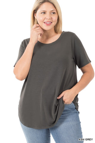 Plus Size Ash Grey Short Sleeve Round Neck Round Hem Top