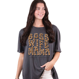 Acid Wash Dark Grey "Boss Mom" Oversized Short Sleeve Shirt