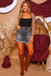 Long Sleeve Solid Rib Knit Square Neck Bodysuit with Contrast Animal Print Lace Sleeves, Buttoned Keyhole Back Closure & Snap-On Panty