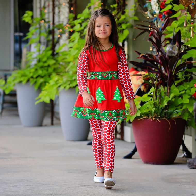 AnnLoren Boutique Girls Faith Christmas Tree Damask Dress & Leggings Set
