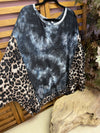 Honey Me Black Marble Swirl Top with leopard bubble sleeves and trim