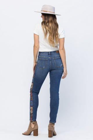 Judy Blue Mid Rise Western Print Relaxed Fit Jeans