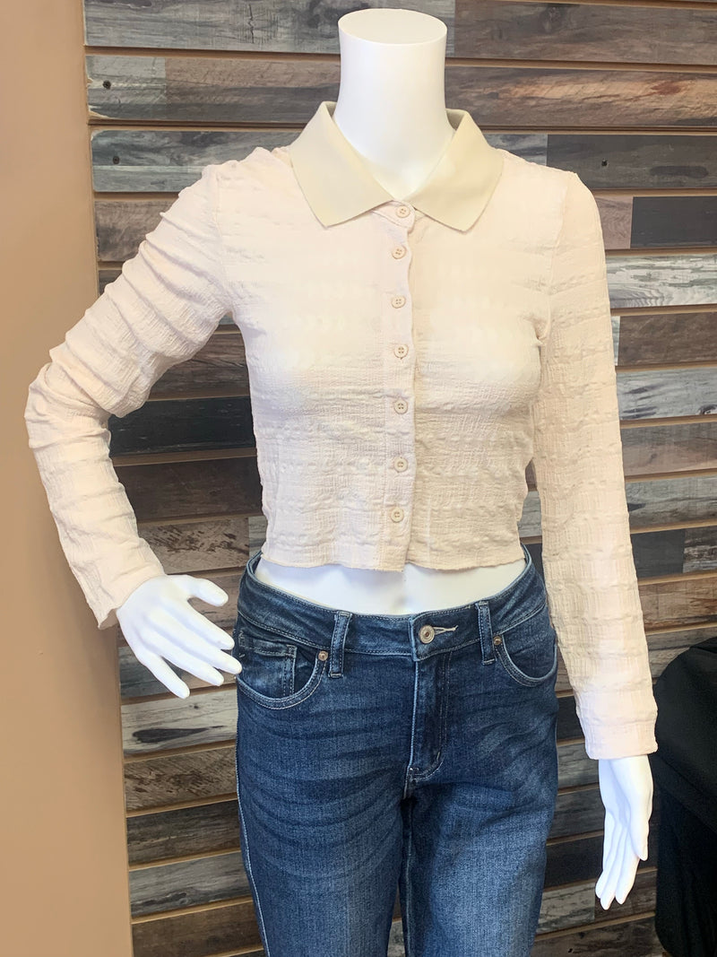 Button Up Collared Long Sleeve Crop Top