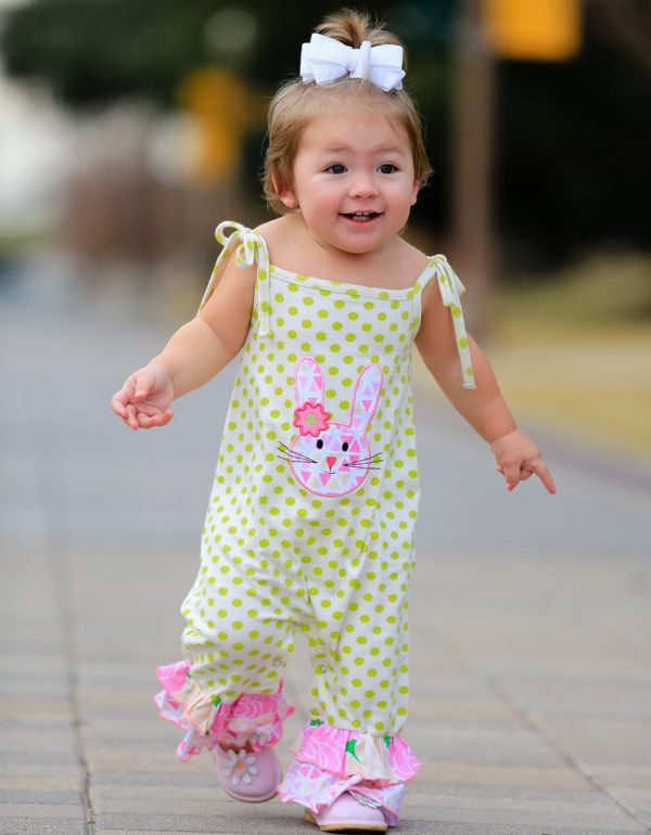 AnnLoren Easter Bunny Baby Girl’s Romper Polka Dot Ruffles Holiday Outfit