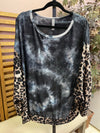 Honey Me Black Marble Swirl Top with leopard bubble sleeves and trim